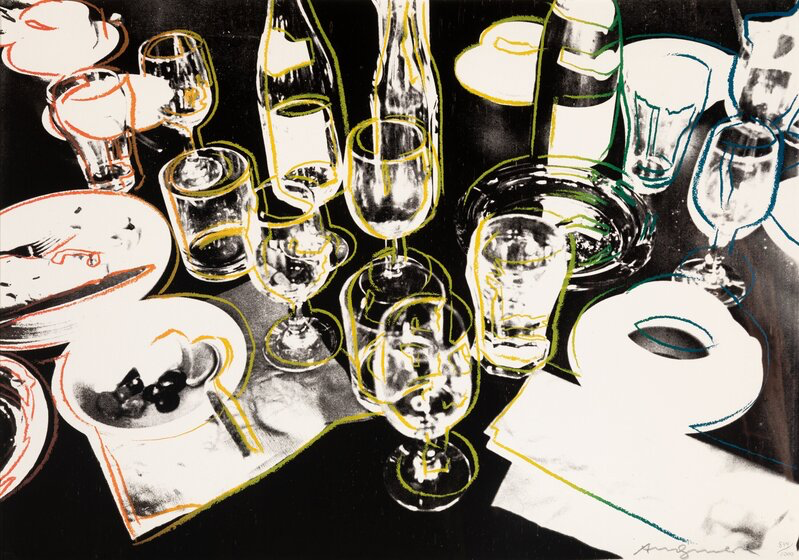 A crowded table of glasses, bottles and plates outlined in color.